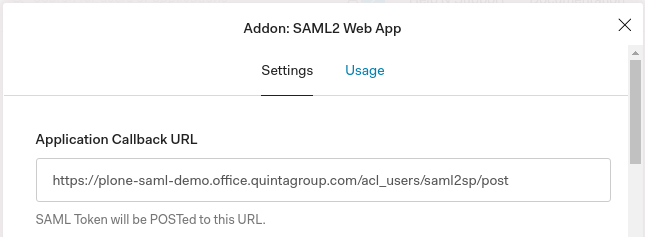 SAML2 Application Callback URL