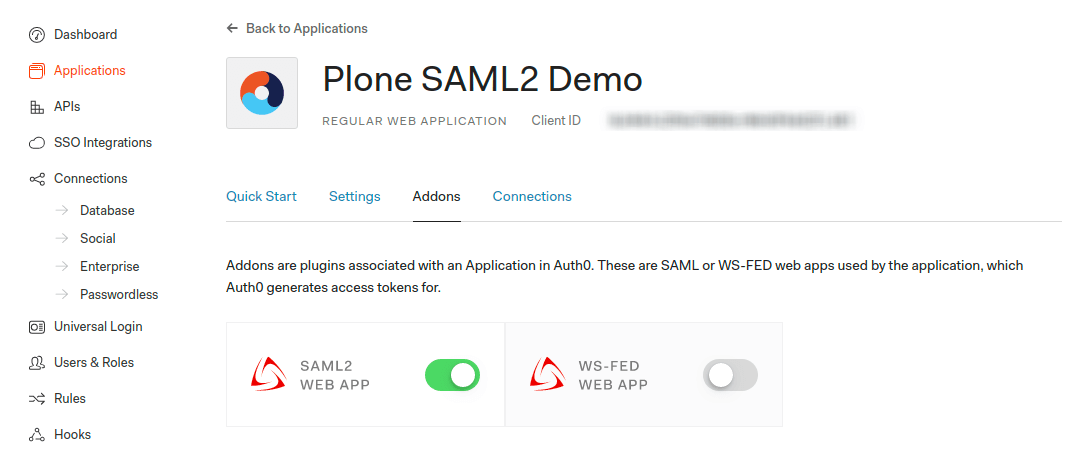 Enable SAML2 Web App addon