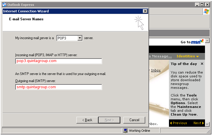 Outlook Express email server names
