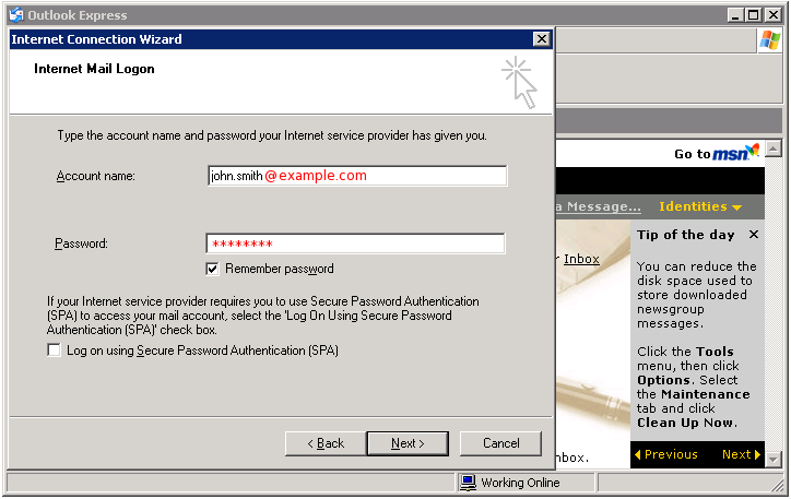 Outlook Express - internet mail logon