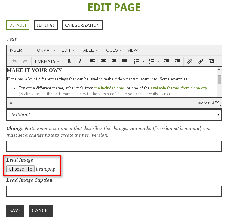 Green Bean Plone theme lead image upload