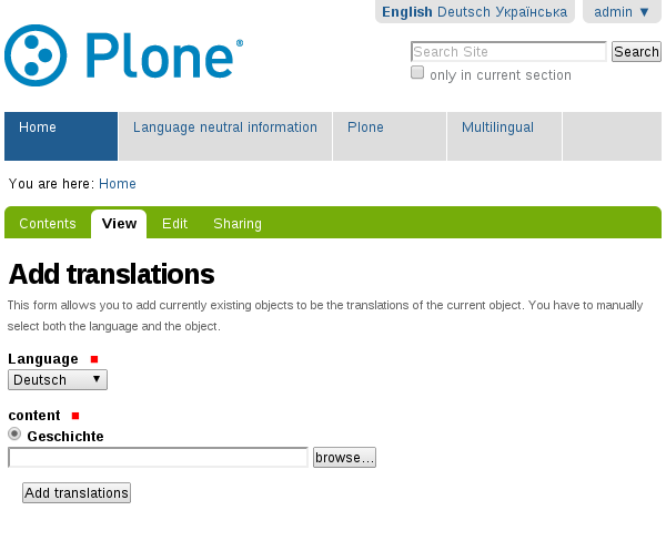 plone.app.multilingual add translation
