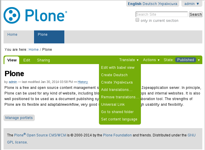 plone.app.multilingual translate menu